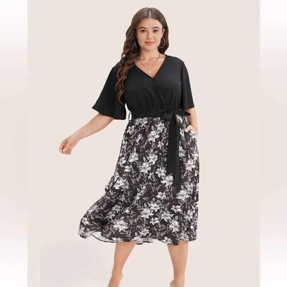 BloomChic Plus Size Floral Patchwork Pocket Belt Surplice Neck Ruffle Hem Dress - Picture 1 of 9